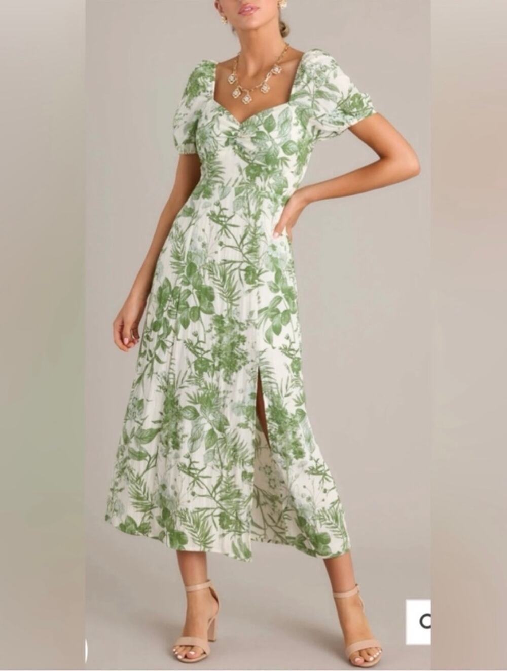 By The River Green Botanical Floral Puff Sleeve Midi Dress Small Cottagecore